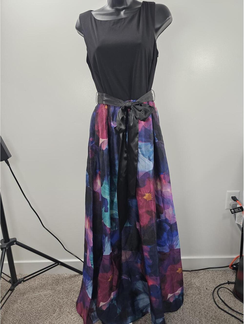Ellen Tracy Black Sleeveless Dress with Colorful Floral Skirt and Satin Bow Belt